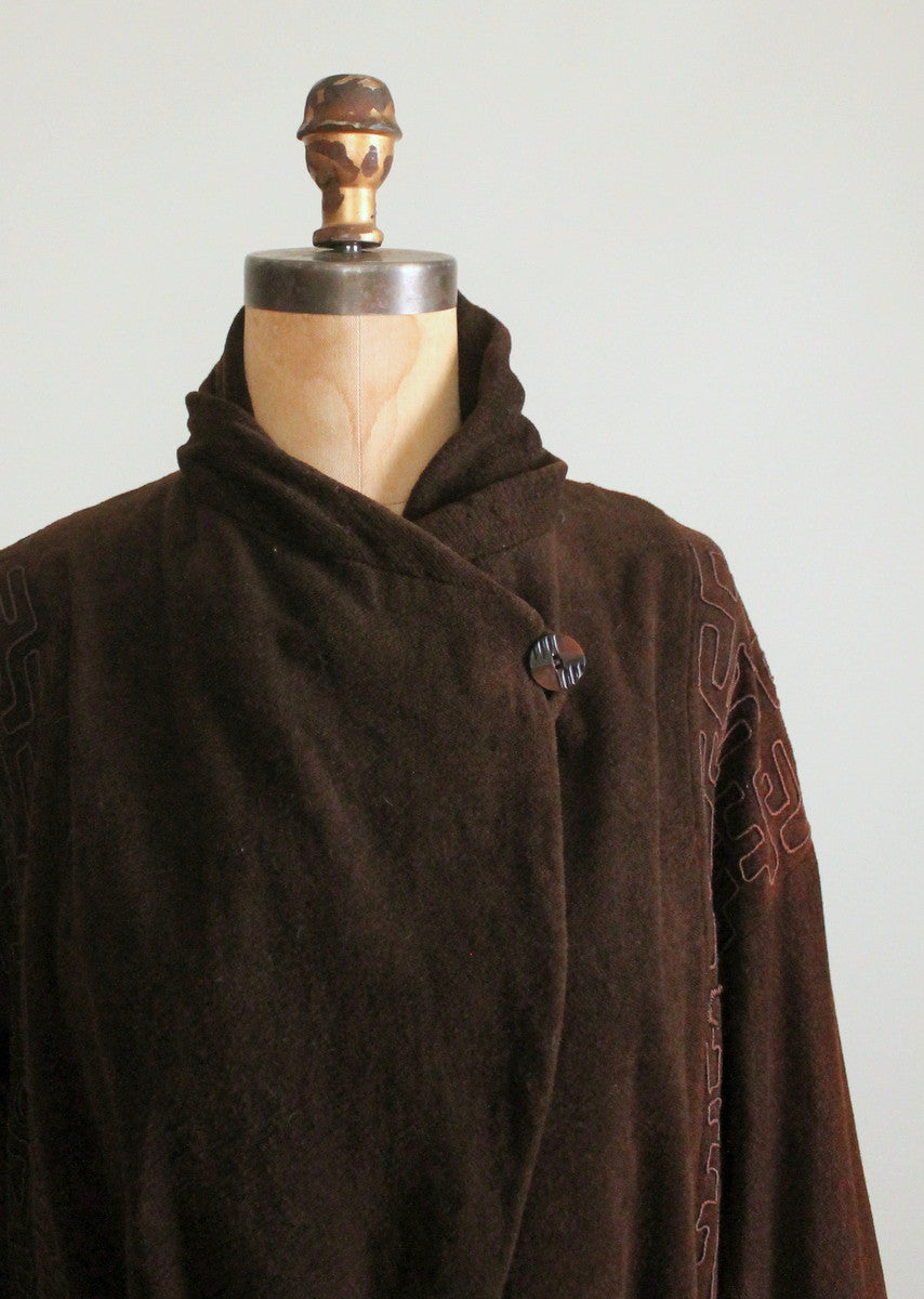 Vintage Early 1920s Brown Wool Velour Coat with Soutache Trim
