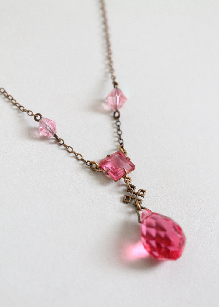 Vintage 1920s Pink Prism Necklace with Celtic Knot