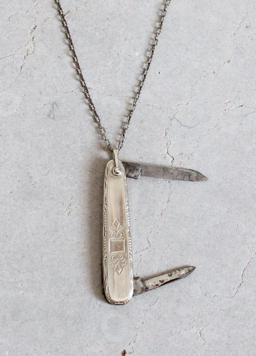 Vintage 1930s Engraved Ladies Pocket Knife Necklace