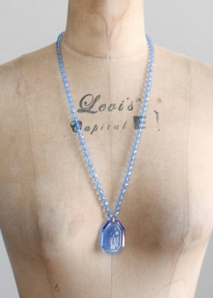 Vintage 1920s Floral Etched Blue Glass Necklace