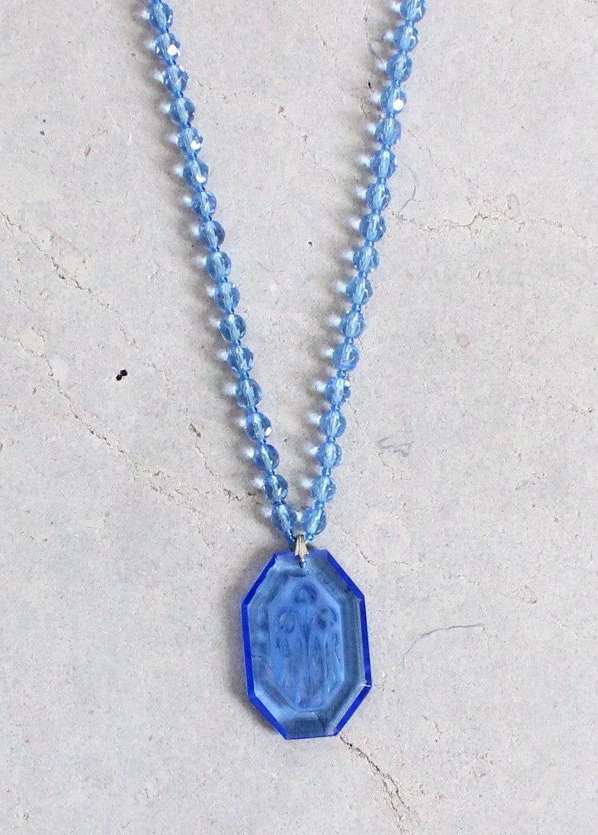 Vintage 1920s Floral Etched Blue Glass Necklace