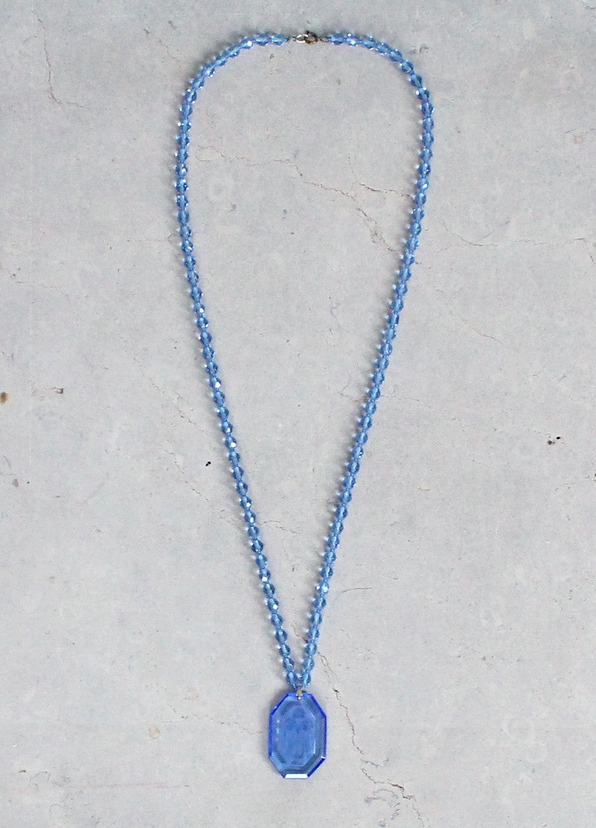 Vintage 1920s Floral Etched Blue Glass Necklace