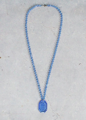 Vintage 1920s Floral Etched Blue Glass Necklace