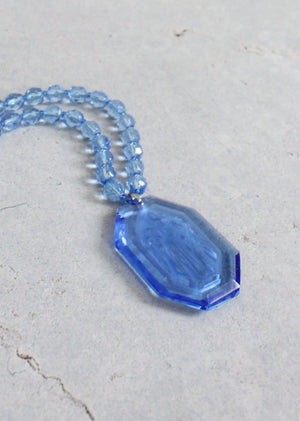 Vintage 1920s Floral Etched Blue Glass Necklace