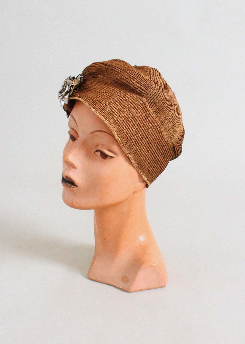 Vintage 1920s Golden Slouch Cloche Hat with Silver Flowers