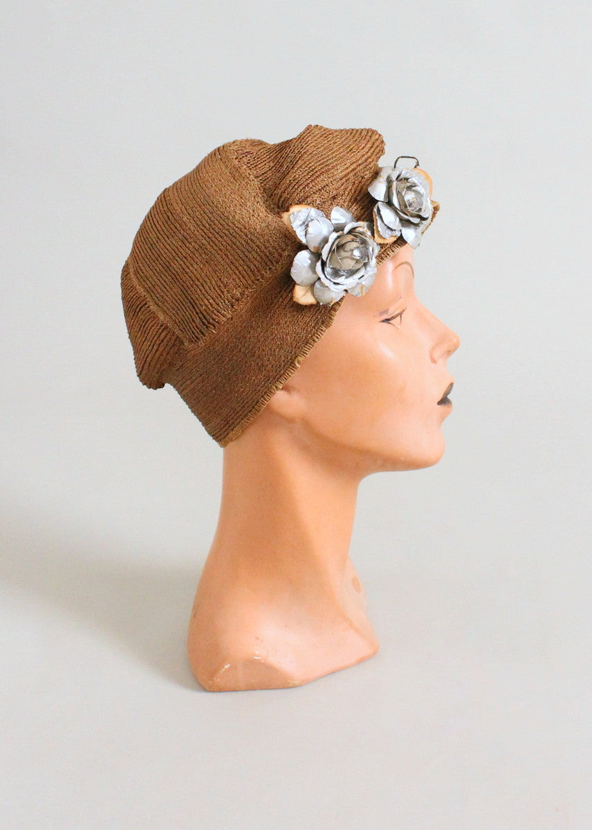 Vintage 1920s Golden Slouch Cloche Hat with Silver Flowers