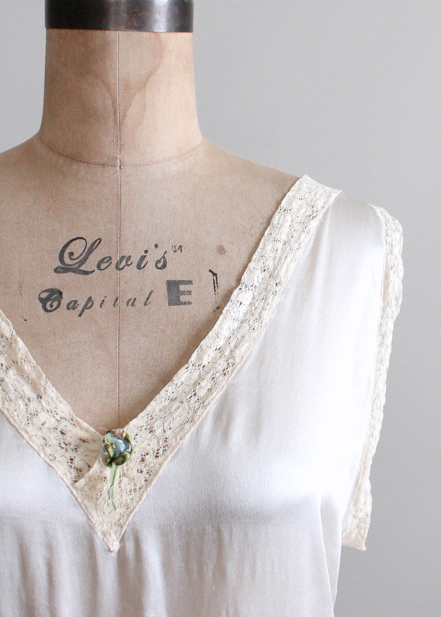 Vintage 1920s Ivory Silk and Lace Belted Flapper Nightgown