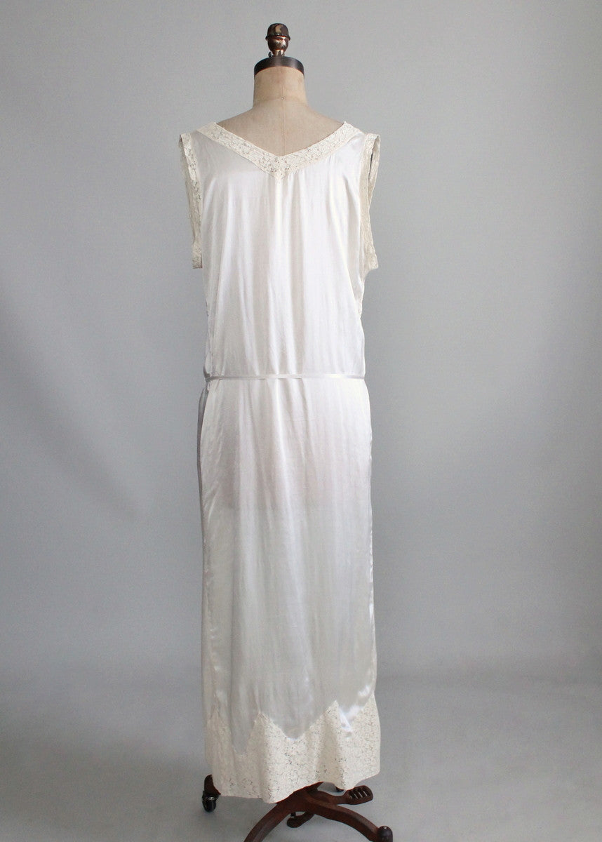 Vintage 1920s Ivory Silk and Lace Belted Flapper Nightgown