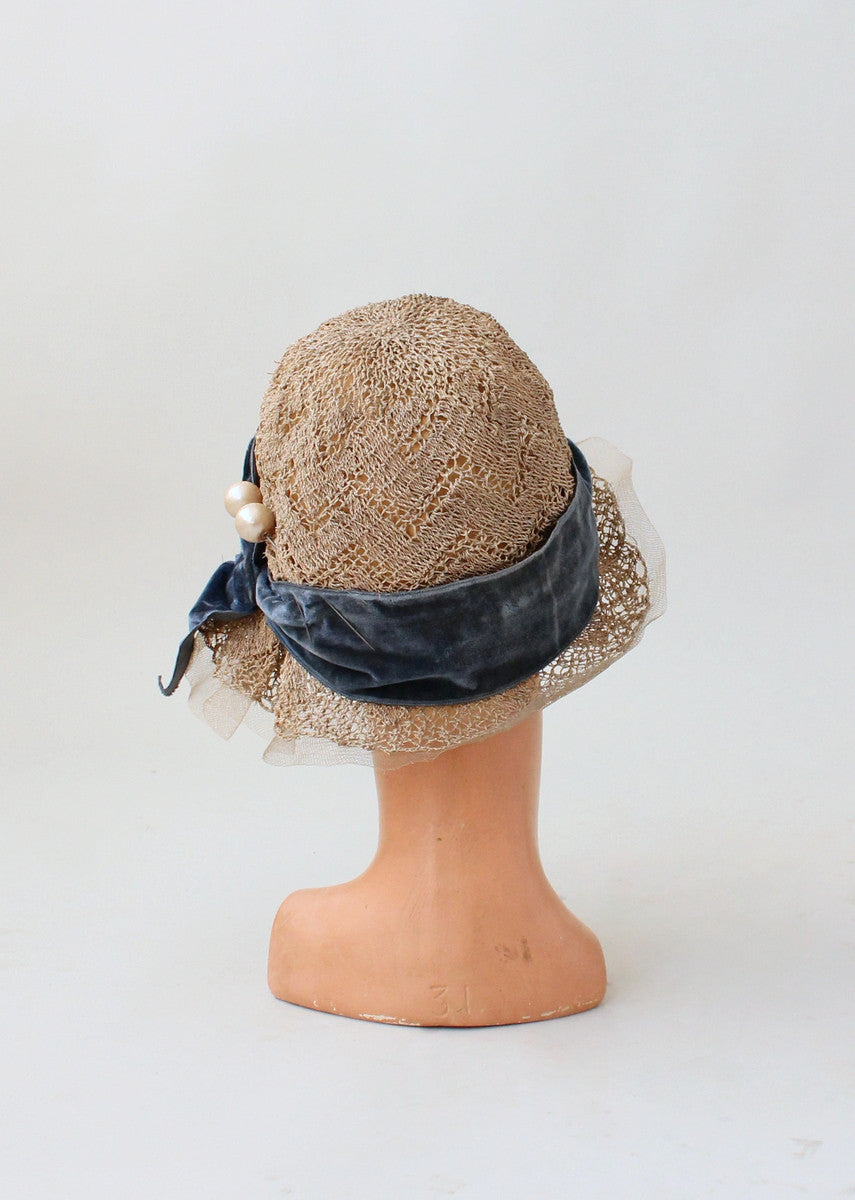 Vintage 1920s Lacey Straw Cloche Hat