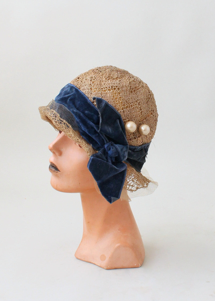 Vintage 1920s Lacey Straw Cloche Hat