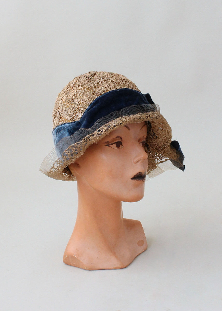 Vintage 1920s Lacey Straw Cloche Hat
