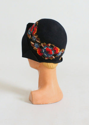 Vintage 1920s Navy Cloche with Blue and Red Flowers