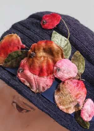 Vintage 1920s Navy and Pink Pomegranates Cloche Hat