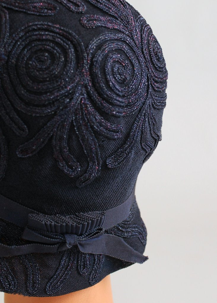 Vintage 1920s Navy Shimmery Soutache Cloche Hat