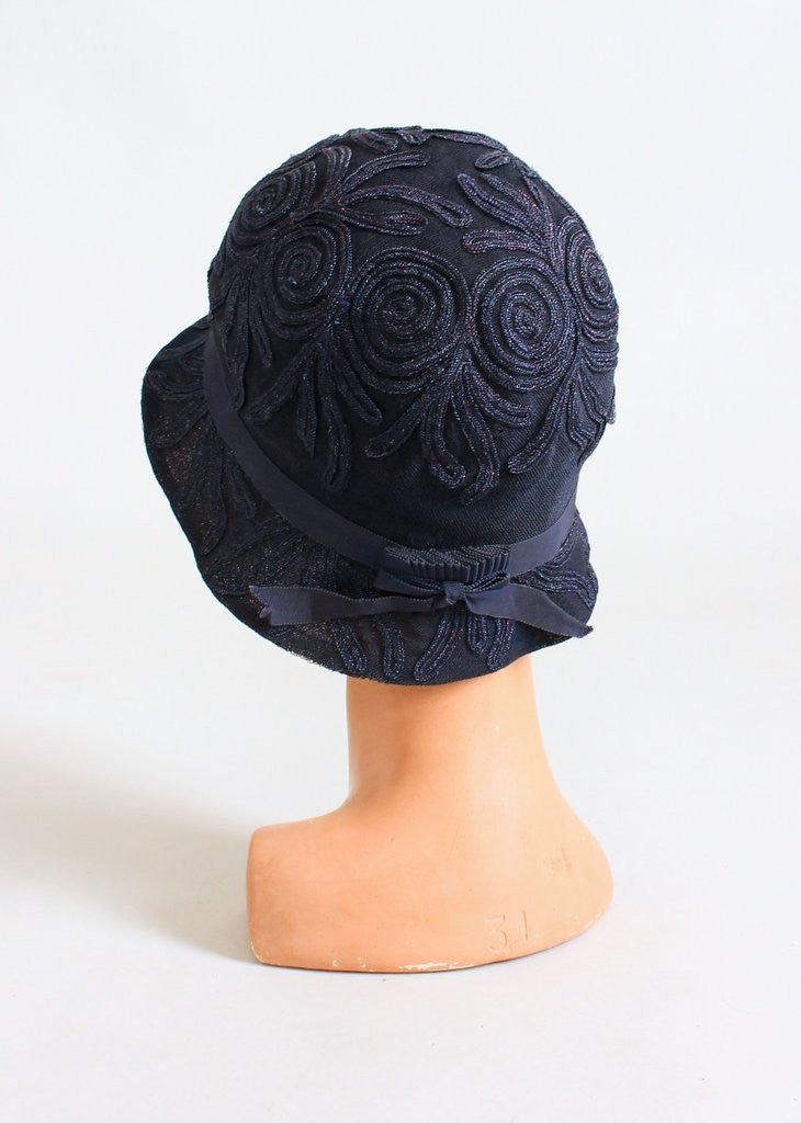 Vintage 1920s Navy Shimmery Soutache Cloche Hat