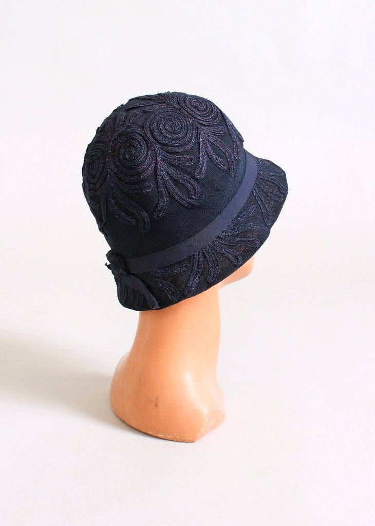 Vintage 1920s Navy Shimmery Soutache Cloche Hat