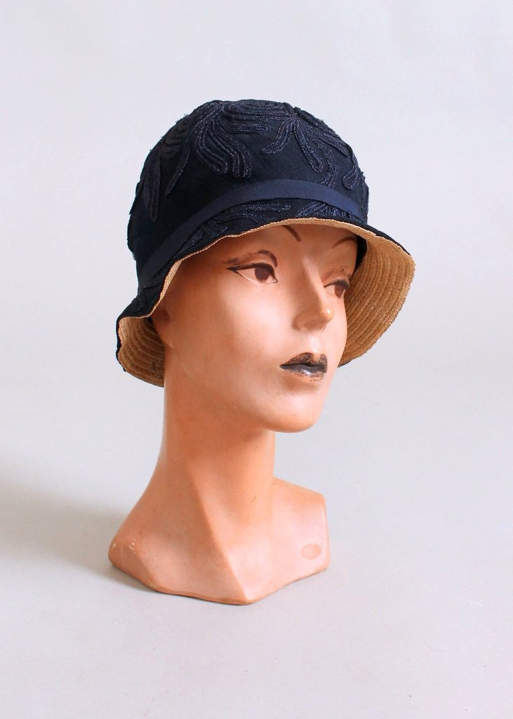 Vintage 1920s Navy Shimmery Soutache Cloche Hat