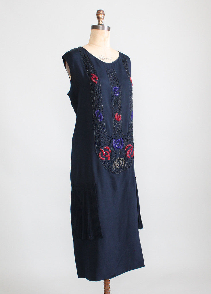 Vintage 1920s Navy Silk Beaded Flapper Dress