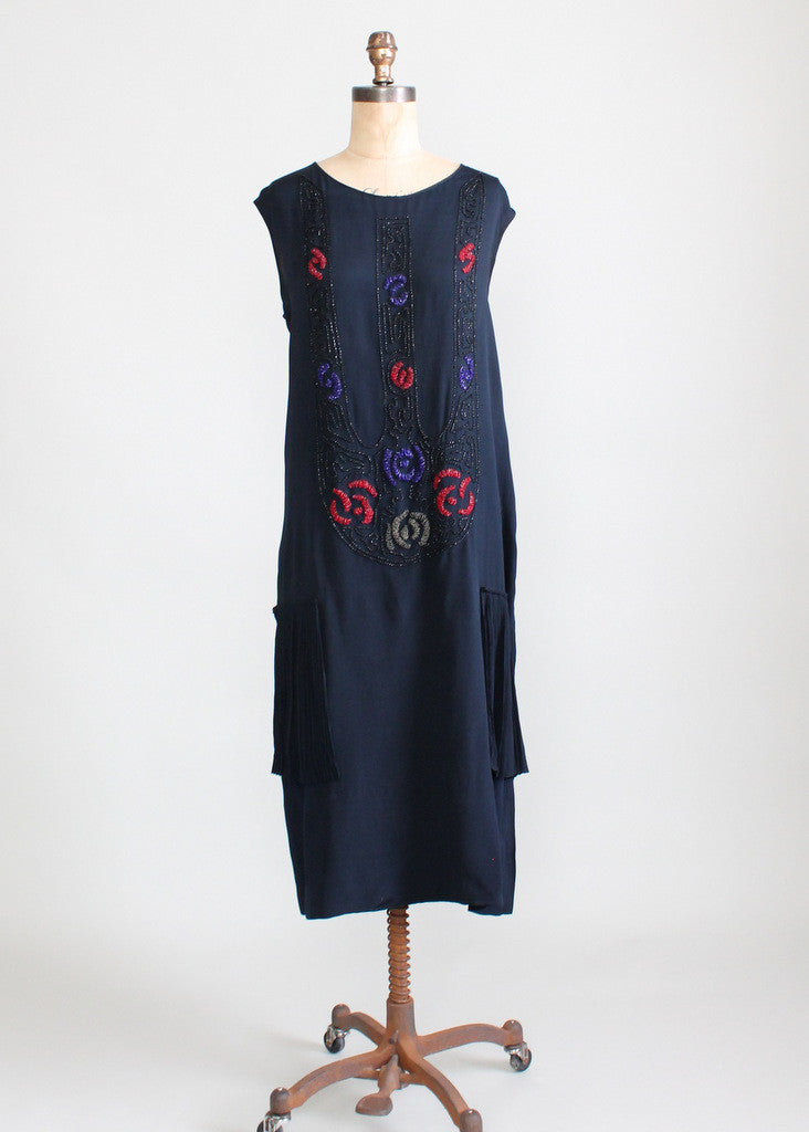 Vintage 1920s Navy Silk Beaded Flapper Dress