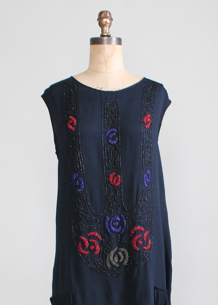 Vintage 1920s Navy Silk Beaded Flapper Dress