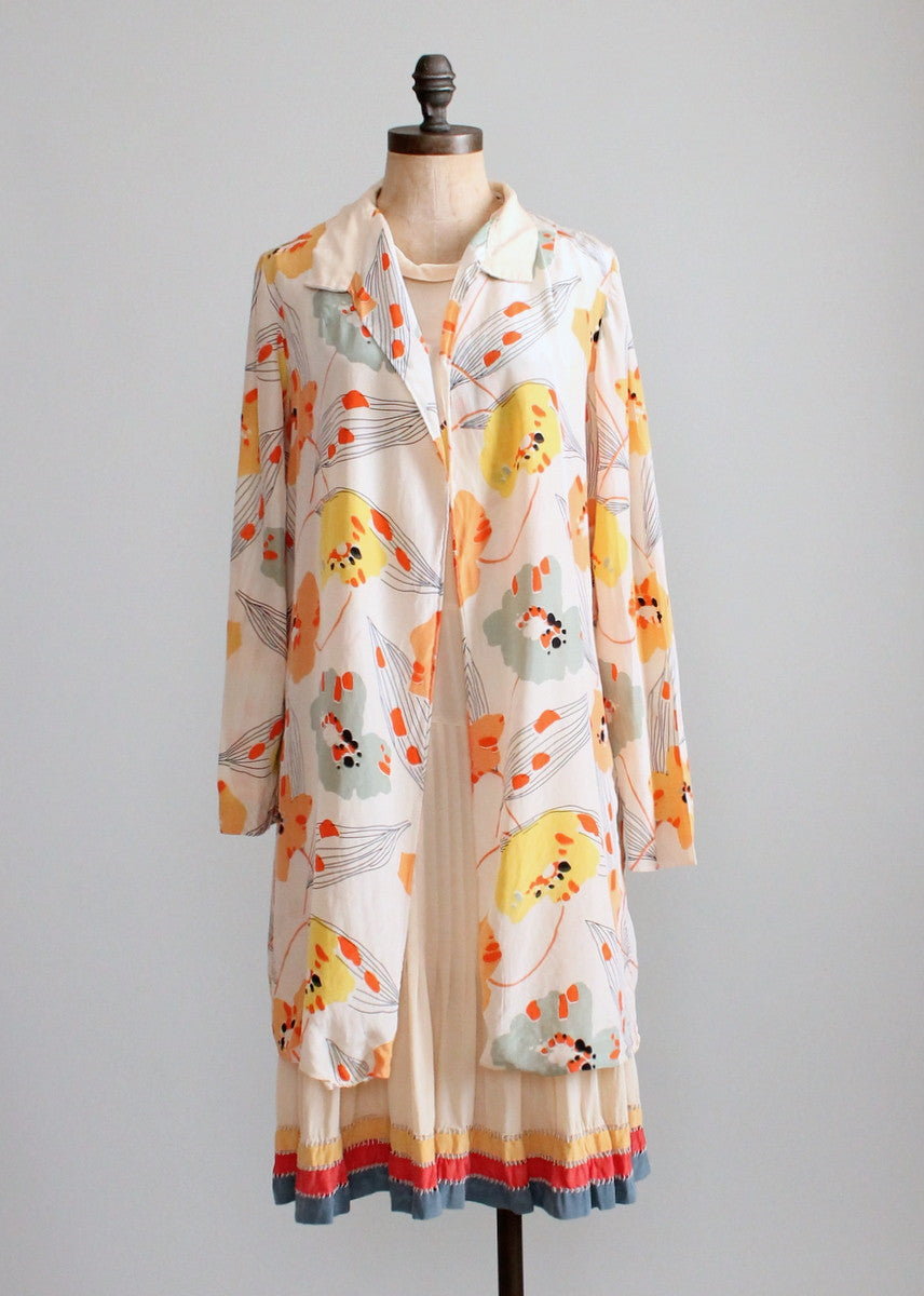 Vintage 1920s Silk Day Dress with Matching Floral Coat