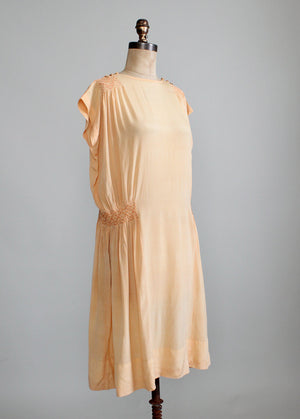 Vintage 1920s Peach Silk Smocked Tunic Dress