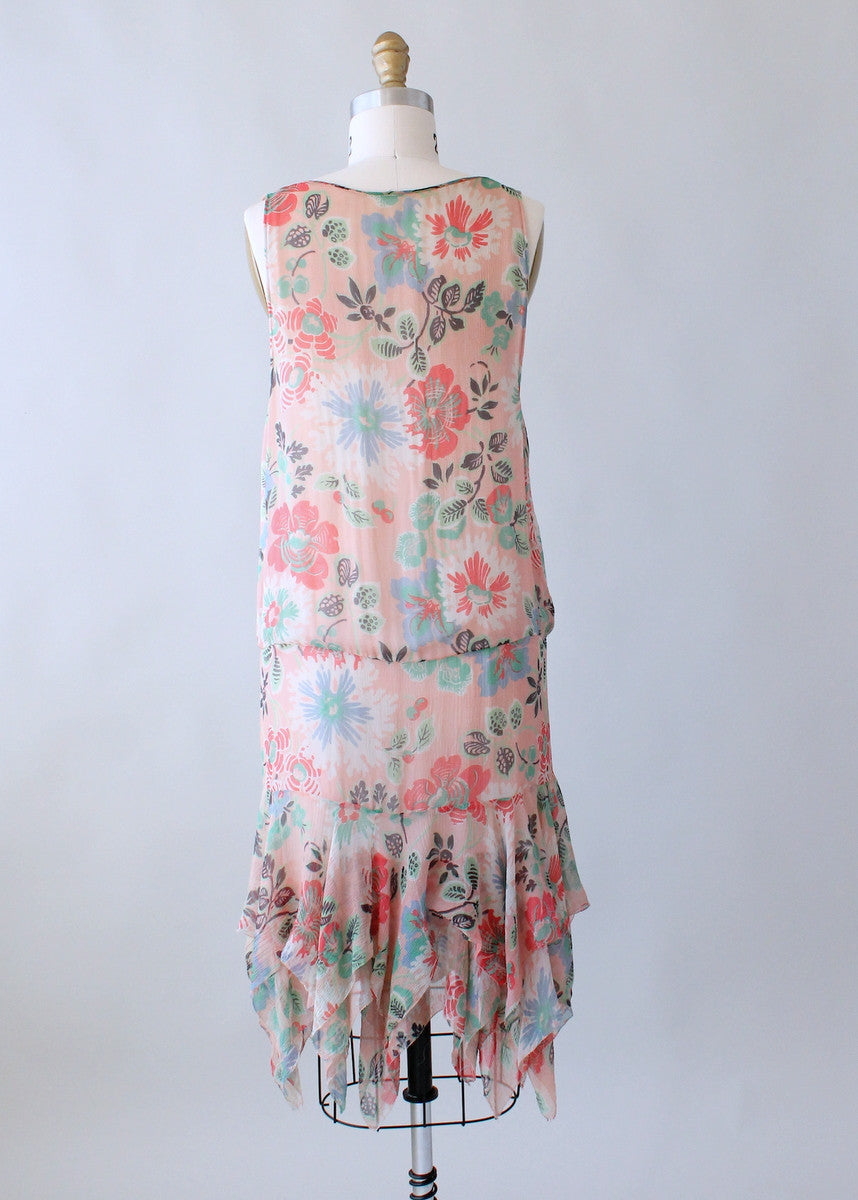 Vintage 1920s Pink Floral Flapper Dress with Handkerchief Hem