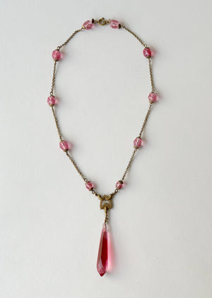 Vintage 1920s Pink Glass Teardrop Necklace