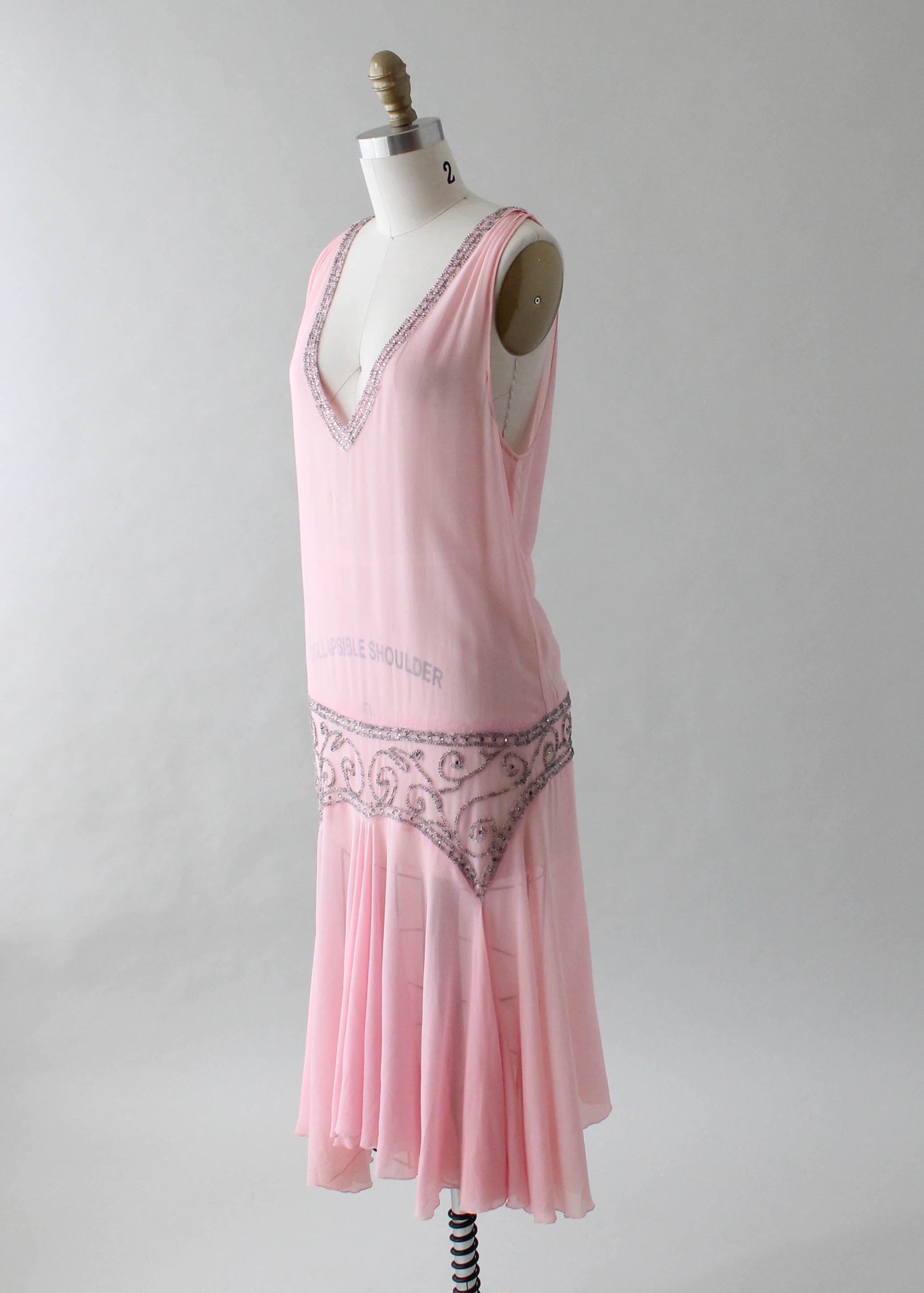 Vintage 1920s Sheer Pink Flapper Dress with Silver Beading