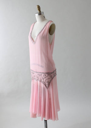 Vintage 1920s Sheer Pink Flapper Dress with Silver Beading