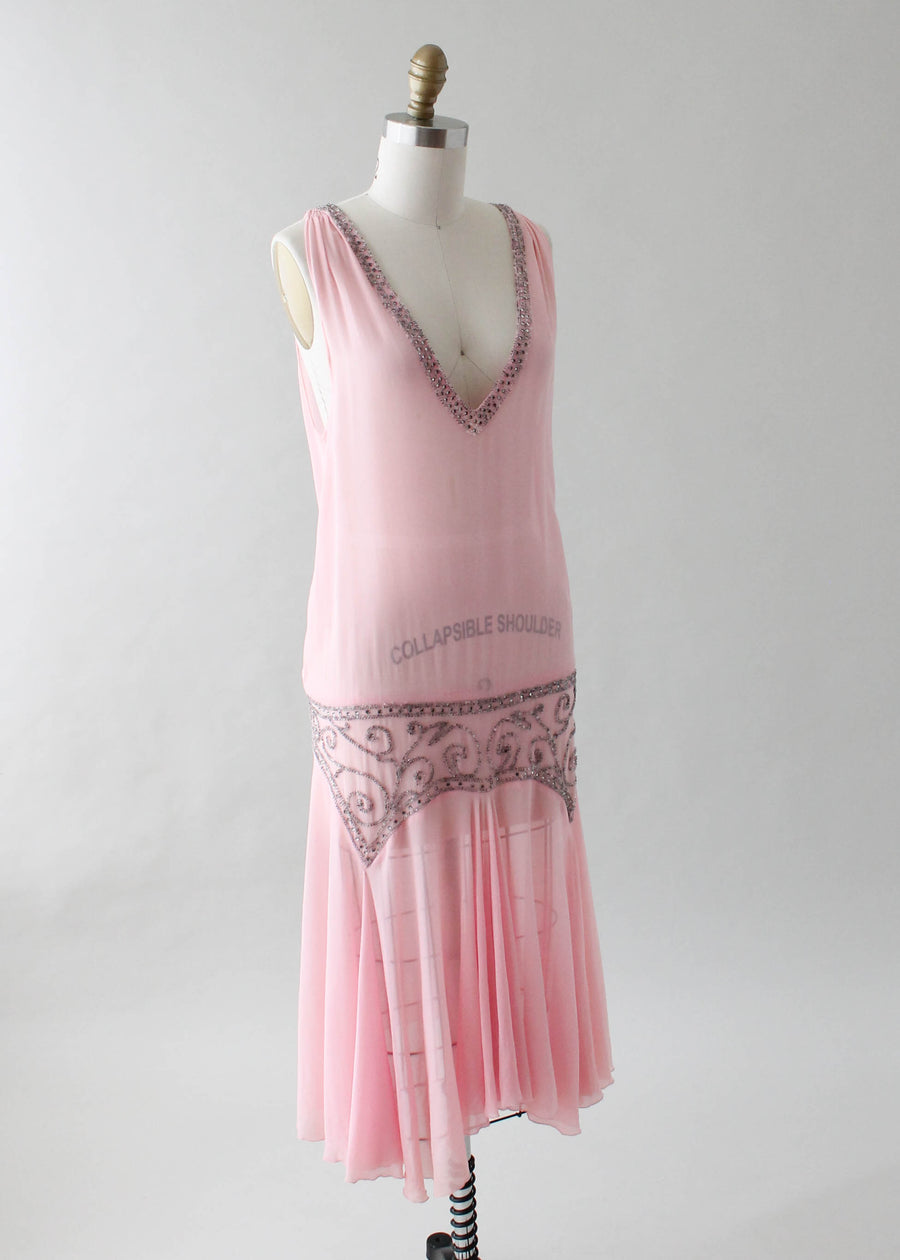 Vintage 1920s Sheer Pink Flapper Dress with Silver Beading