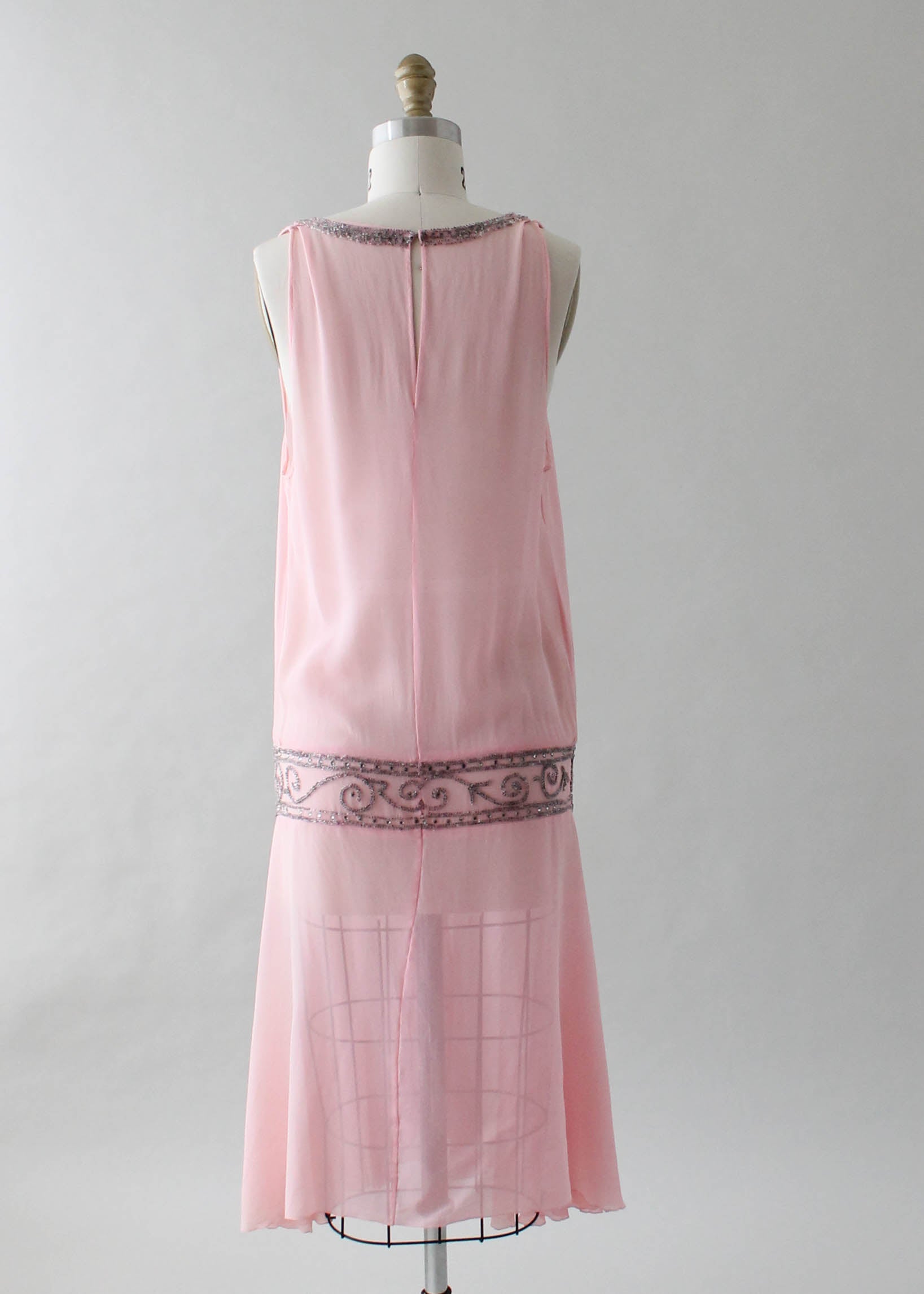 Vintage 1920s Sheer Pink Flapper Dress with Silver Beading