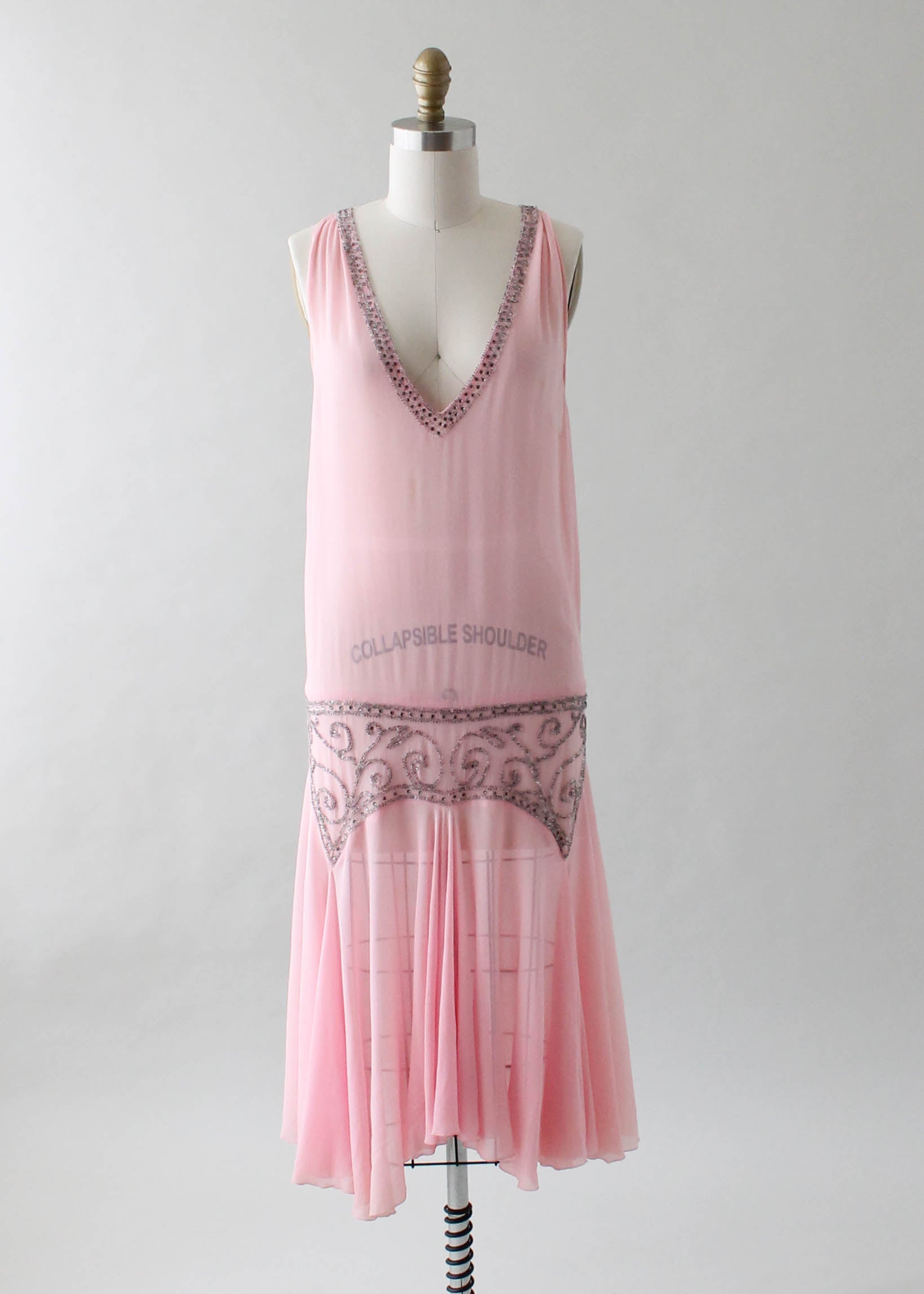 Vintage 1920s Sheer Pink Flapper Dress with Silver Beading Vintage 1920s Sheer Pink Flapper Dress with Silver Beading