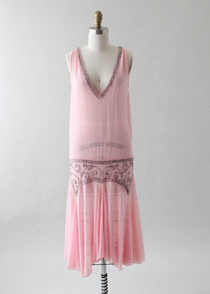 Vintage 1920s Sheer Pink Flapper Dress with Silver Beading