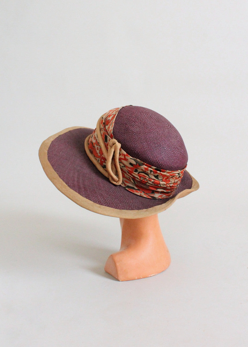Vintage 1920s Purple Straw Wide Brim Cloche Hat