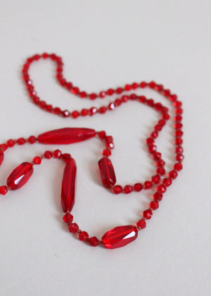 Vintage 1920s Ruby Red Glass Long Sautoir Flapper Necklace