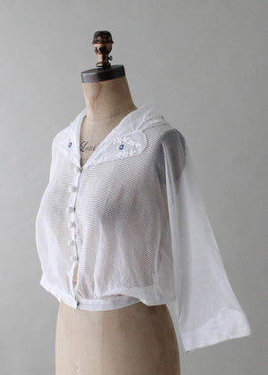 Vintage 1920s Embroidered Sheer Cotton Blouse