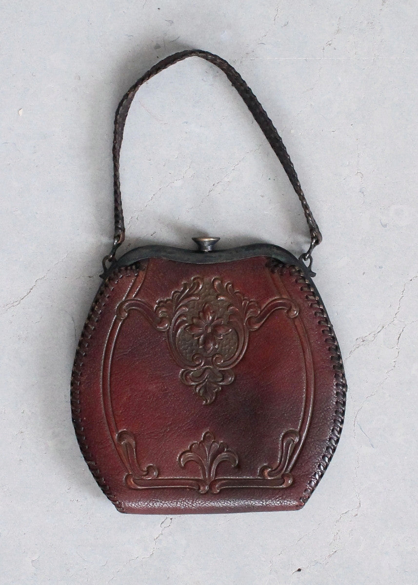 Vintage 1930s Art Deco Floral Tooled Leather Purse