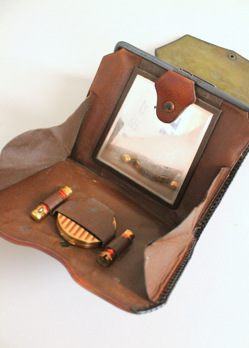 Vintage 1920s Tooled Leather Purse with MakeUp Compartment