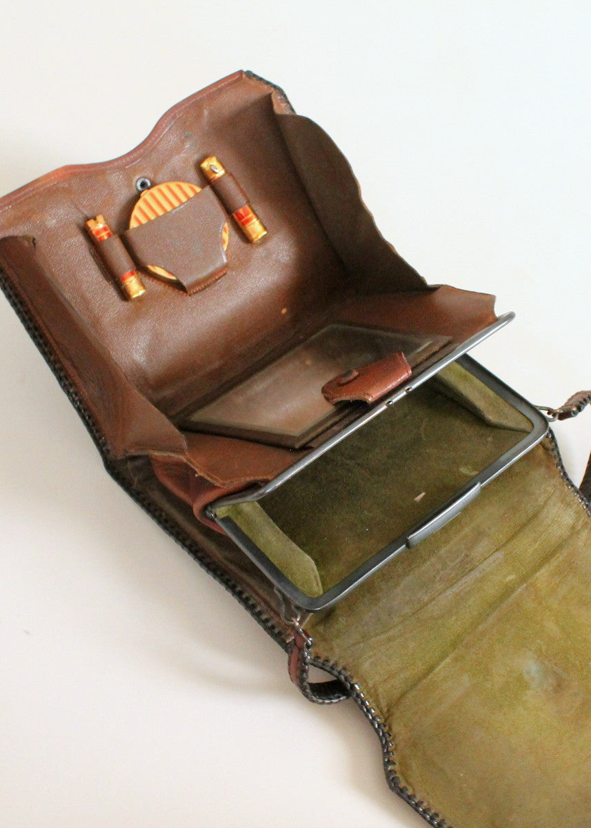 Vintage 1920s Tooled Leather Purse with MakeUp Compartment