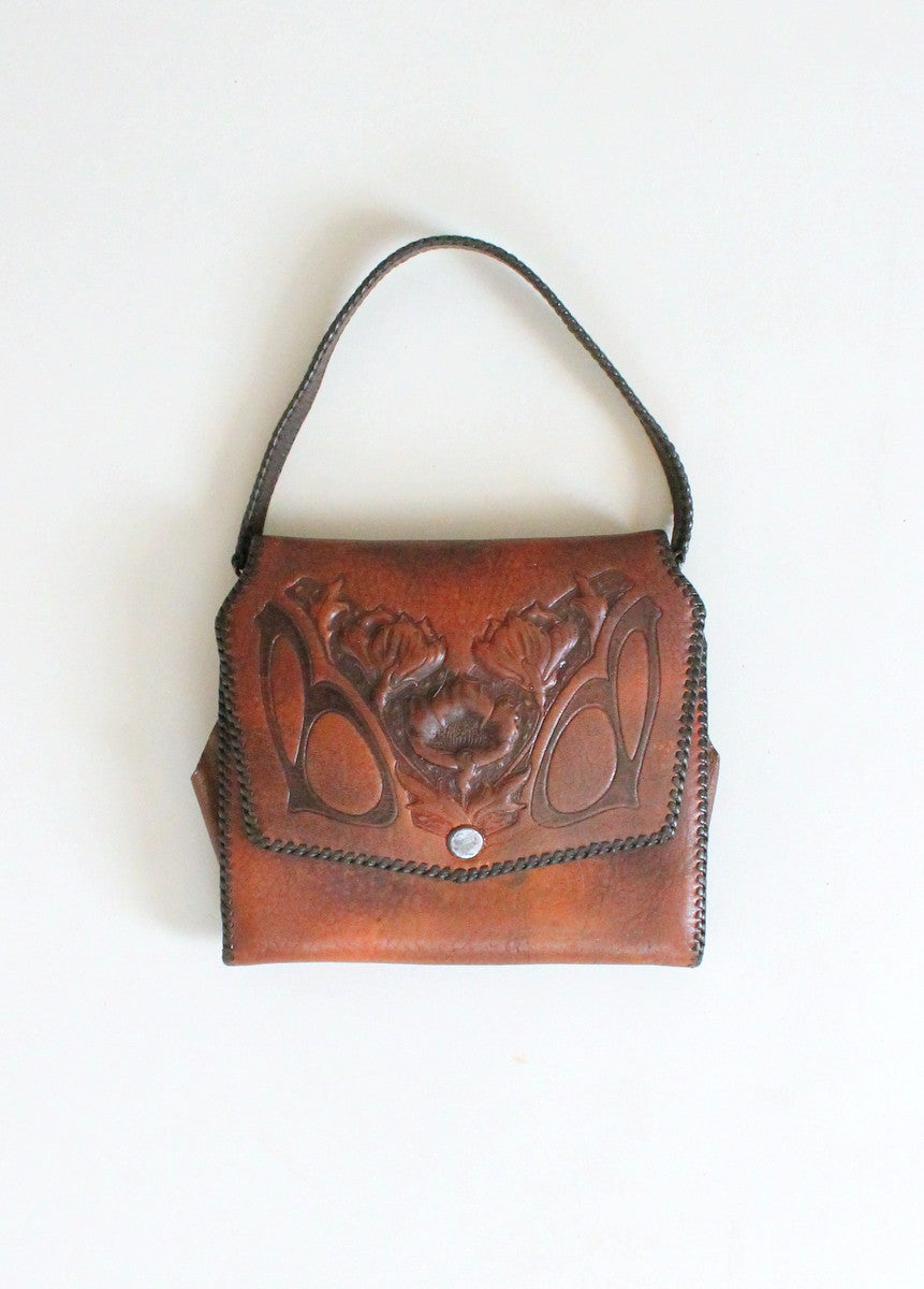 Vintage 1920s Tooled Leather Purse with MakeUp Compartment