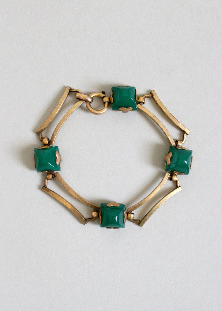 Vintage 1930s Art Deco Green Glass and Brass Bracelet