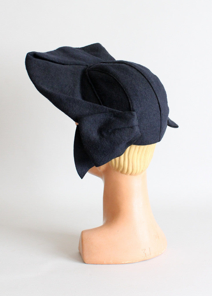 Vintage 1930s Black Felt Ruffle Front Hat