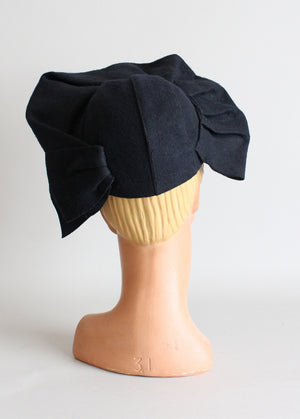 Vintage 1930s Black Felt Ruffle Front Hat