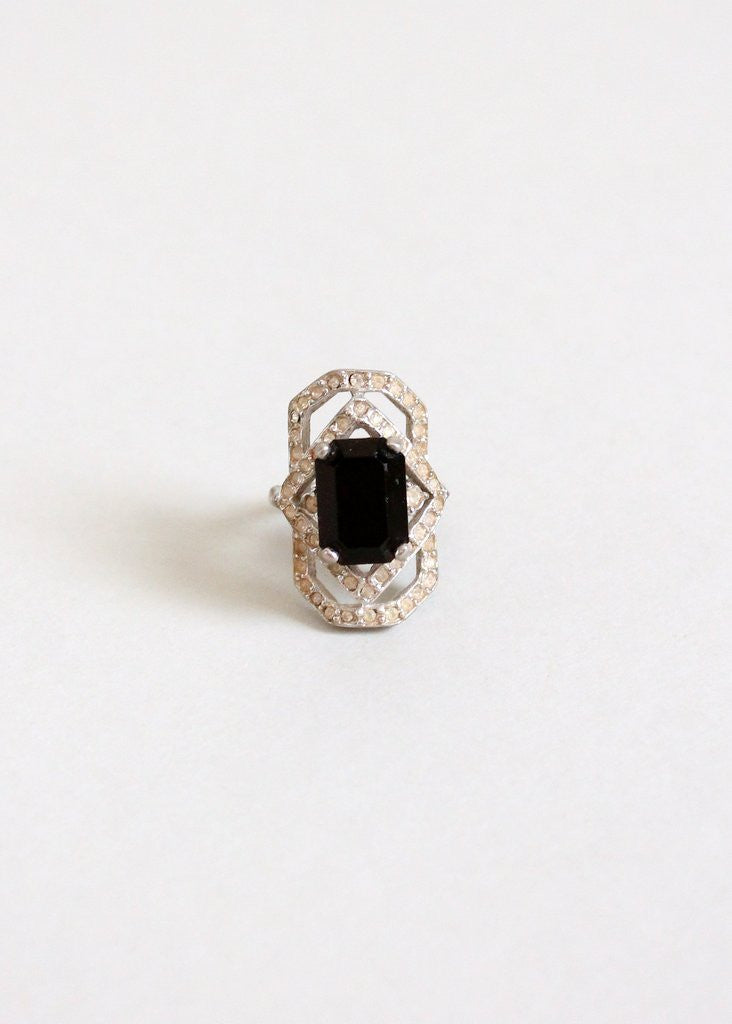 Vintage 1930s Black Glass and Rhinestone Cocktail Ring