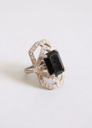 Vintage 1930s Black Glass and Rhinestone Cocktail Ring