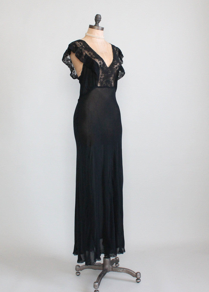 Vintage 1930s Black Crepe and Lace Nightgown - Raleigh Vintage