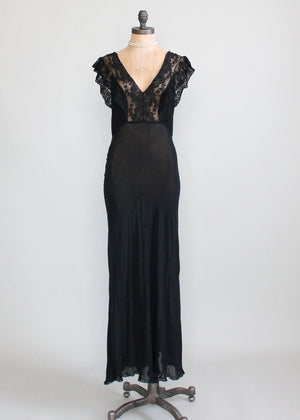 Vintage 1930s Black Crepe and Lace Nightgown