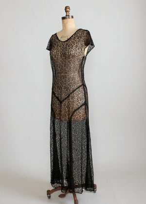Vintage 1930s Sheer Black Lace Evening Dress