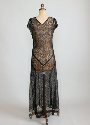 Vintage 1930s Sheer Black Lace Evening Dress